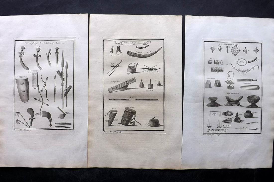 Salmon, Thomas 1753 Lot of 3 Prints. Ghana - Weapons, Music, Artefacts: Folio Copper Plates Published 1853, London for "The Universal Traveller…" by Thomas Salmon. Paper Size: 14.5 x 9 inch (37 x 23cm) Minor toning/browning. Good Condition