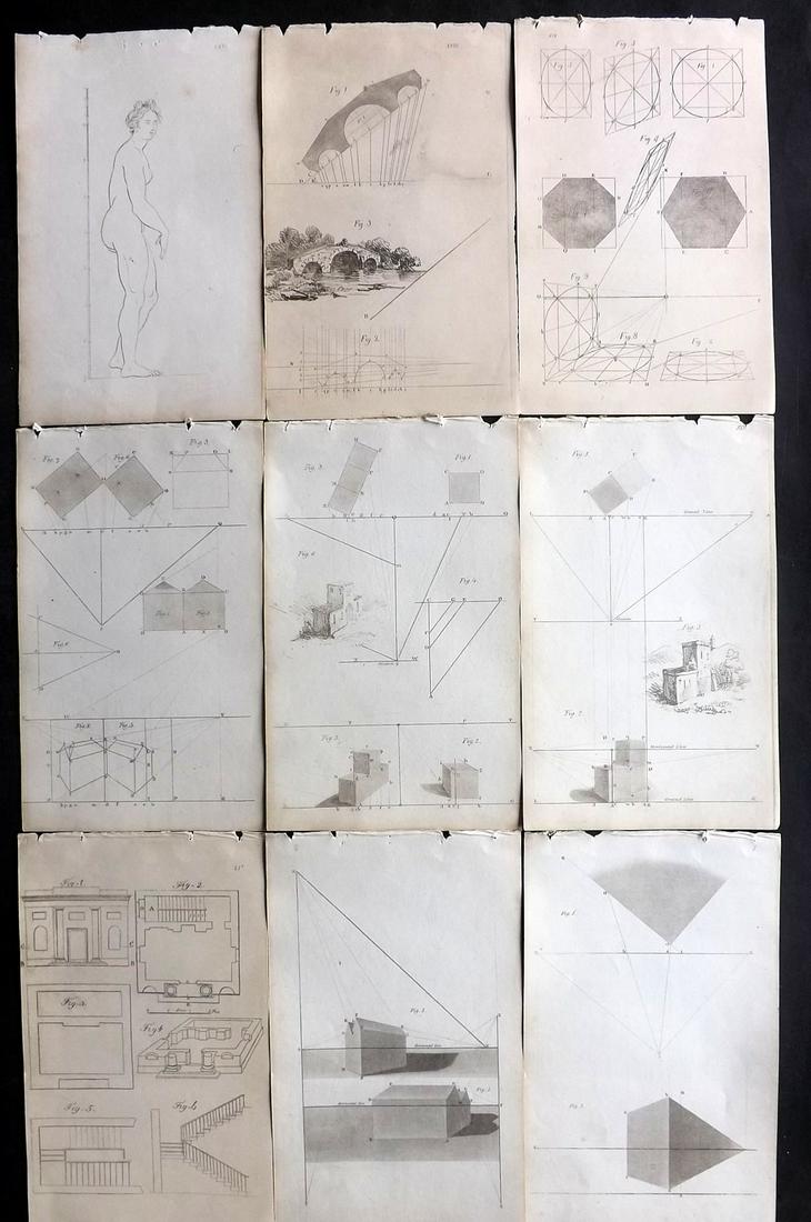 Davis & Co. (Pub) C1825 Lot of 9 Drawing Book Prints. Perspective etc (1 of 2)