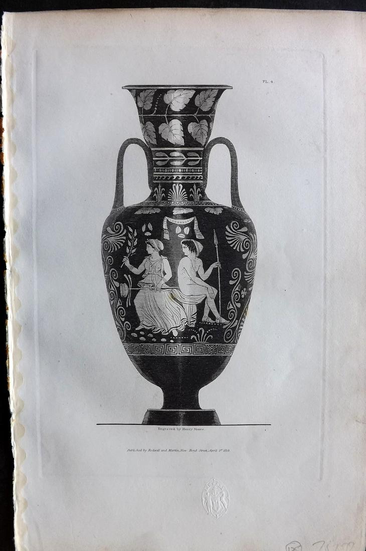 Moses & Englefield 1820 Antique Vase Print 04: Etching Published 1819-20, London for "Vases from The Collection of Sir. Henry Englefield Bart" Drawn and Engraved Henry Moses.Paper Size: 10.5 x 6.5 inch (27 x 16.5cm) Very discrete library blindstam