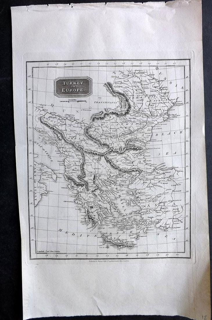 Kelly, Christopher 1836 Antique Map. Turkey in Europe: Copper Engraved Map Published 1836, London for "A New and Complete System of Universal Geography" by Christopher Kelly. Maps Engraved by Findlay, Wallis and others. Folds as issued. Paper Size: 17.5 x