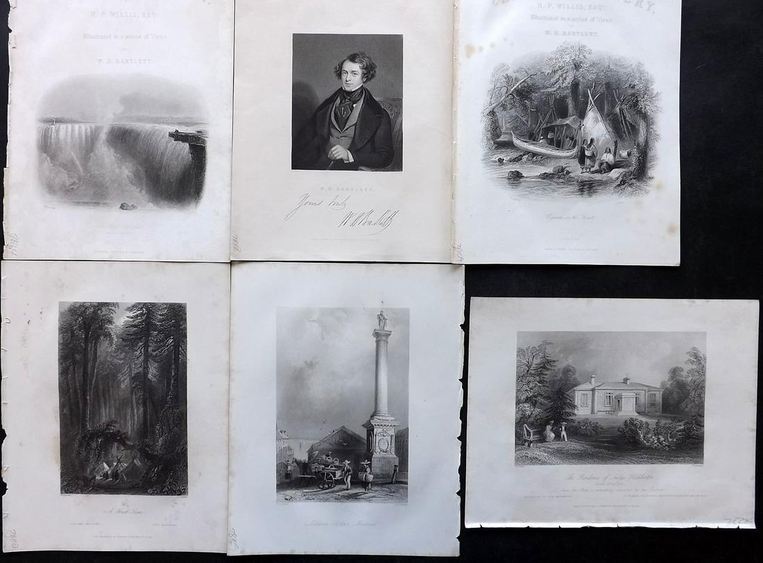 Bartlett Canada 1842 Lot of 6 Steel Engraved Views etc: Two are Illustrated Title Pages and One is a Portrait of Bartlett. Steel Engravings Published 1842 by George Virtue, London for "Canadian Scenery Illustrated..." by Nathaniel P. Willis. Illustrated by