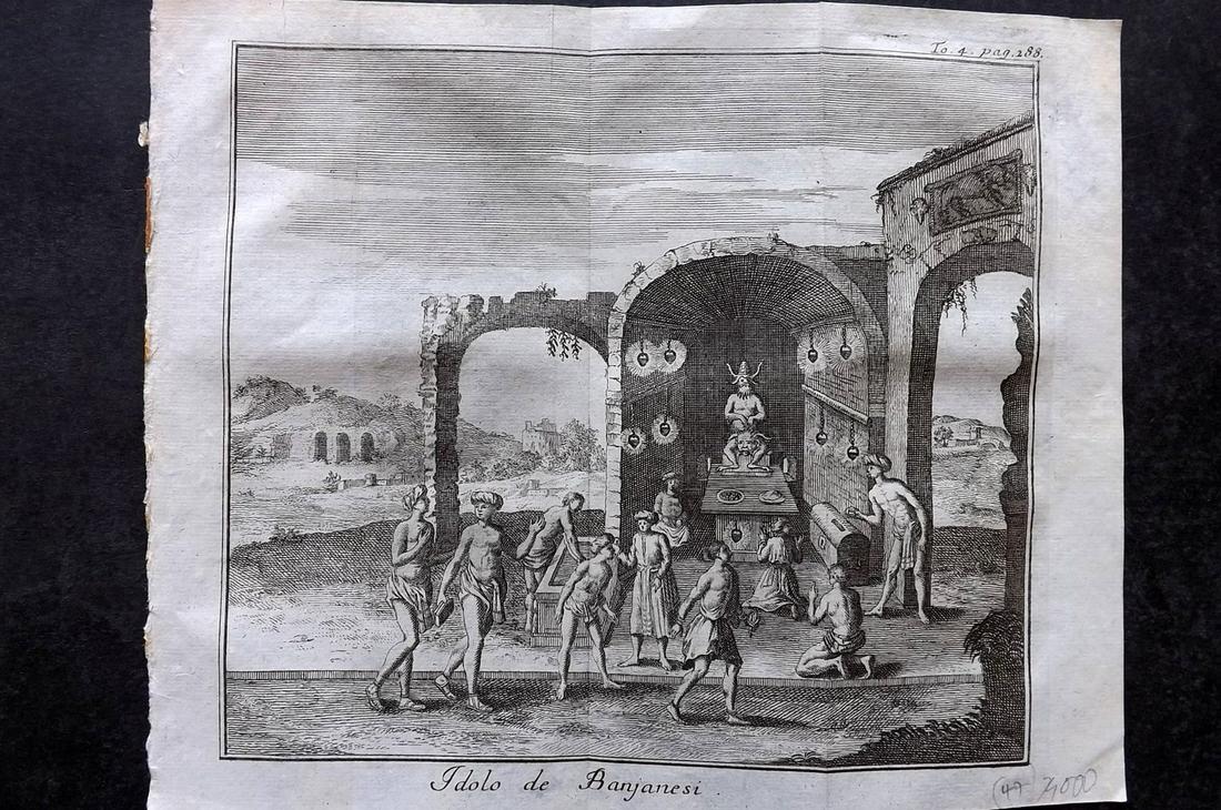 Salmon, Thomas 1743 Print. Idols at Banjanesi, India (1 of 2)