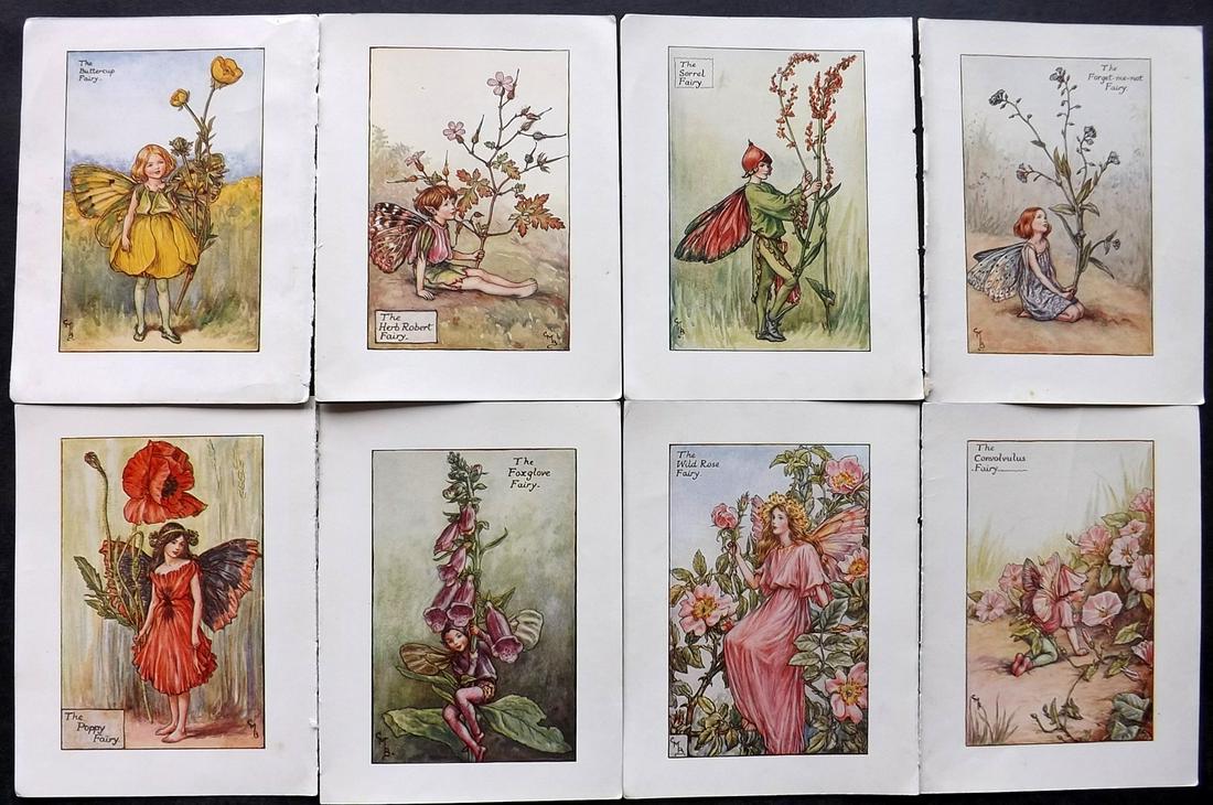 Barker, Cicely Mary C1940 Lot of 8 Flower-Fairy Prints: Summer Fairies. Lithographs Published C1935-45 by Blackie & Son, London & Glasgow for the "Flower-Fairies" Series by Cicely Mary Barker. Reverse side blank. Paper Size: 5.5 x 4 inch (14 x 10cm) Good C
