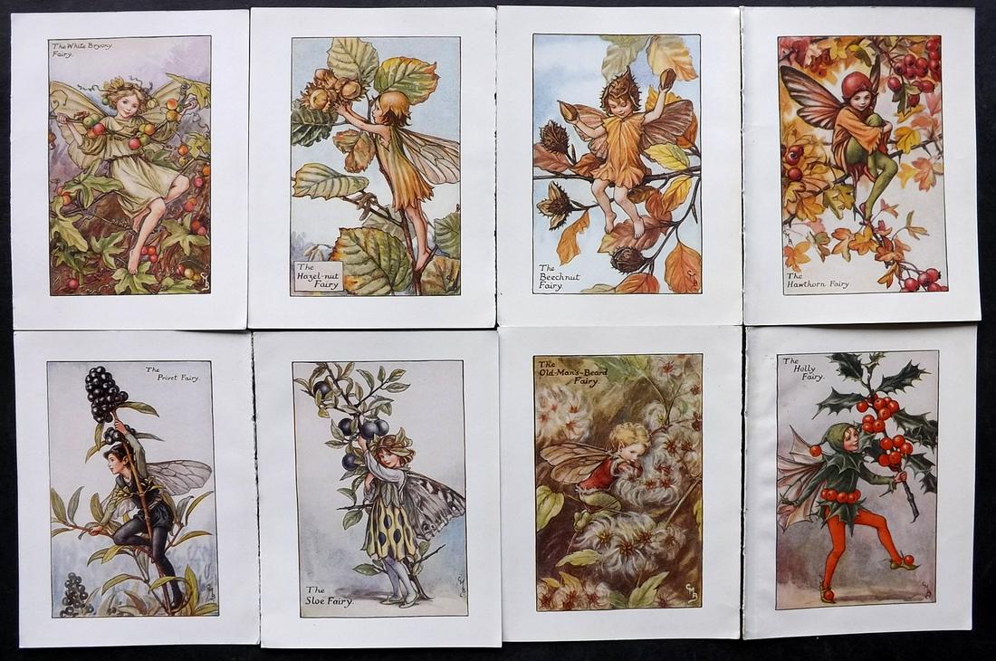 Barker, Cicely Mary C1940 Lot of 8 Flower-Fairy Prints: Autumn Fairies. Lithographs Published C1935-45 by Blackie & Son, London & Glasgow for the "Flower-Fairies" Series by Cicely Mary Barker. Reverse side blank. Paper Size: 5.5 x 4 inch (14 x 10cm) Good C