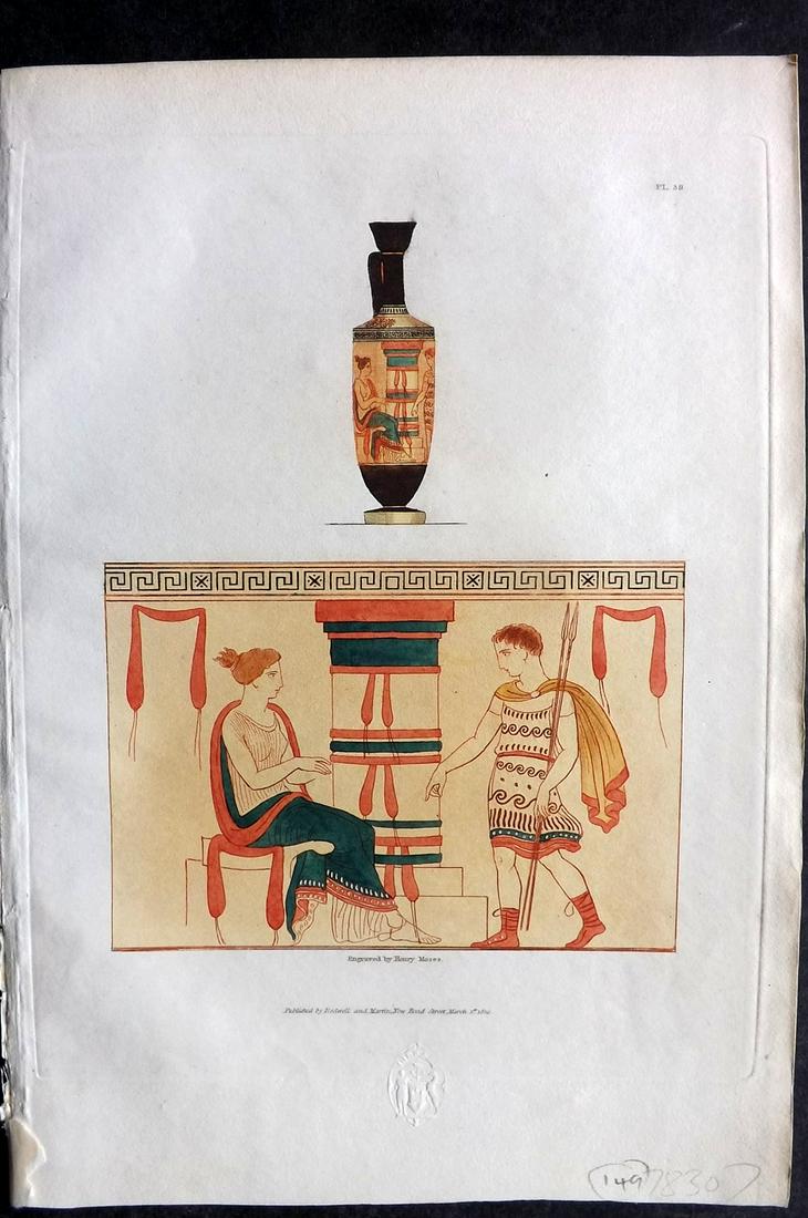 Moses & Englefield 1820 Antique Hand Col Vase Print 38: Etching Published 1819-20, London for "Vases from The Collection of Sir. Henry Englefield Bart" Drawn and Engraved Henry Moses.Paper Size: 10.5 x 6.5 inch (27 x 16.5cm) Very discrete library blindstam