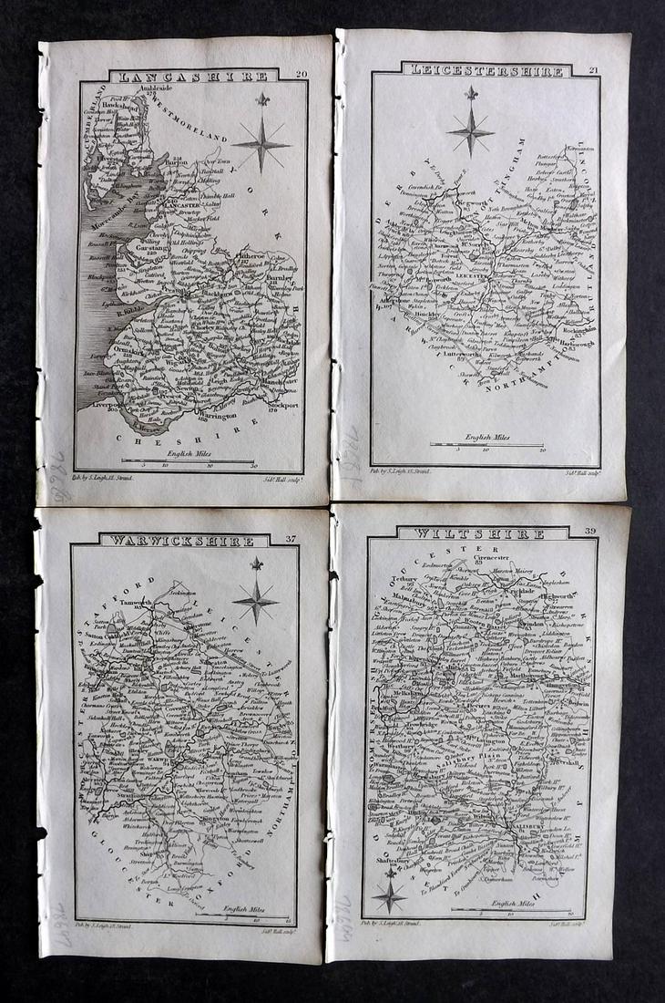 Leigh, Samuel 1826 Lot of 4 British County Maps: Copper Engraved Map Published 1826, London for "Leigh's New Pocket Road-Book of England, Wales and Part of Scotland..." by Samuel Leigh. Maps Engraved by Sidney Hall. Paper Size: 5.5 x 3.5 inch (14 x 