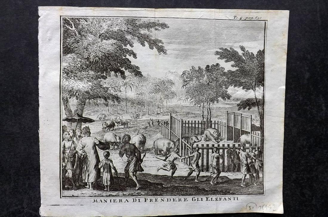 Salmon, Thomas 1743 Print. Catching Elephants, India? (1 of 2)