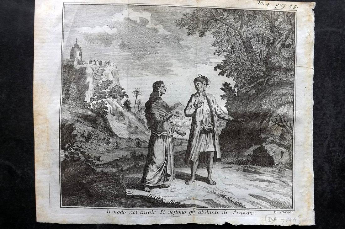 Salmon, Thomas 1743 Print. Natives of Arakan, Burma: Copper Plate Published 1743, Venice for "Lo stato Presente di tutti i Paesi del Mondo" by Thomas Salmon. Folds as issued. Paper Size: 9 x 7 inch (23 X 18cm) Very minor toning. Good Condition