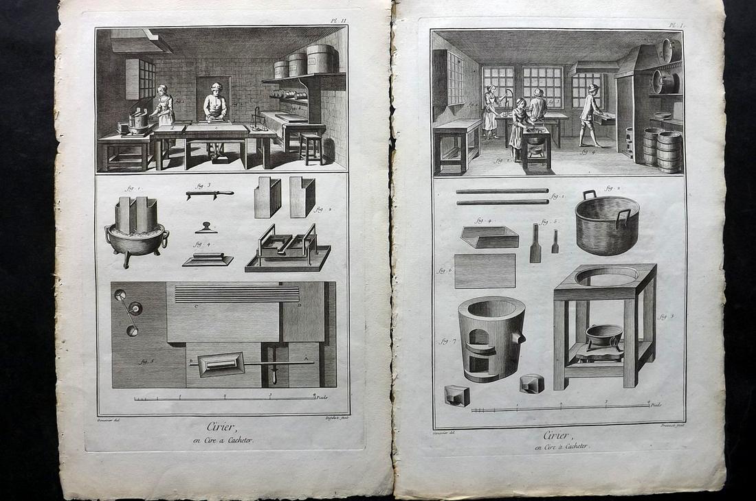 Diderot, Denis C1760 Pair of Prints. - Cirier - Waxing. 1st Edition: Folio Copper Plate Published 1751-72, Paris for "Encyclopédie, ou Dictionnaire Raisonné des Sciences, des Arts et des Métiers" First & Folio Edition by Denis Diderot & Jean le Rond d'Alembert. Pape