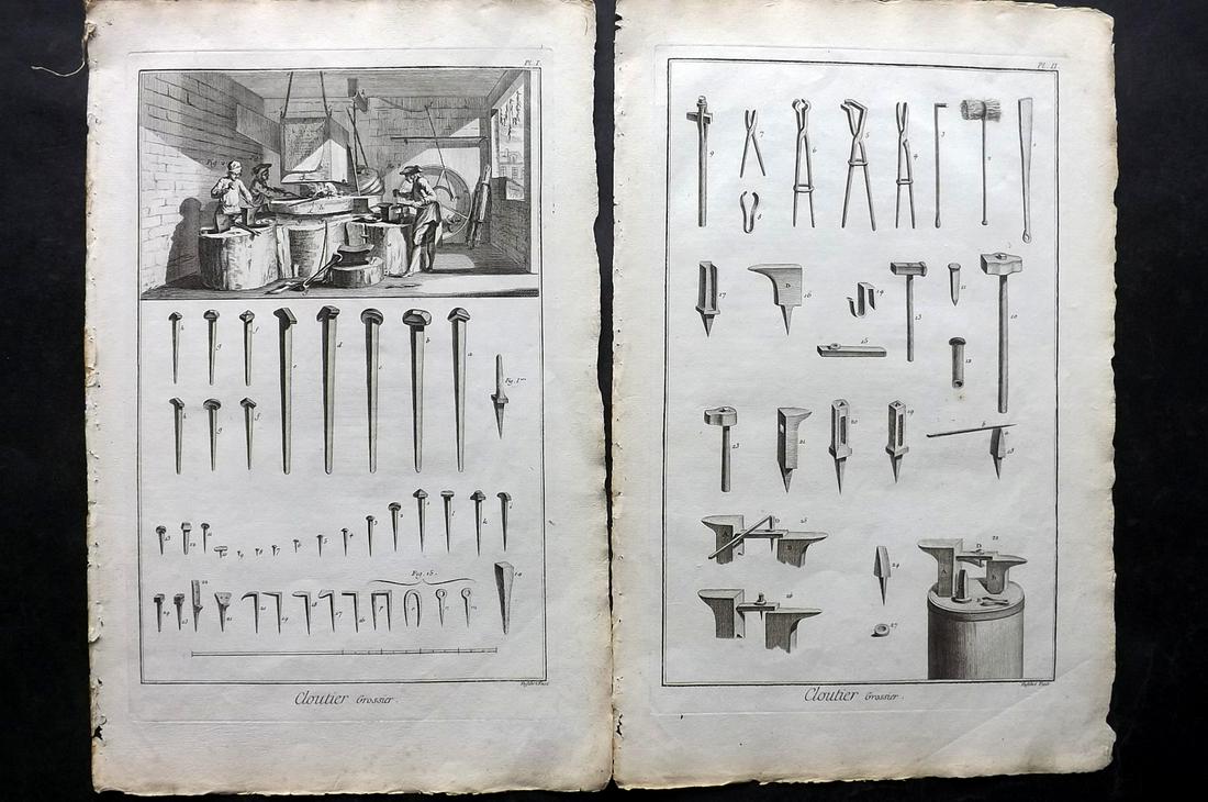 Diderot, Denis C1760 Pair of Prints. Cloutier - Nail Maker. 1st Edition: Folio Copper Plate Published 1751-72, Paris for "Encyclopédie, ou Dictionnaire Raisonné des Sciences, des Arts et des Métiers" First & Folio Edition by Denis Diderot & Jean le Rond d'Alembert. Pape