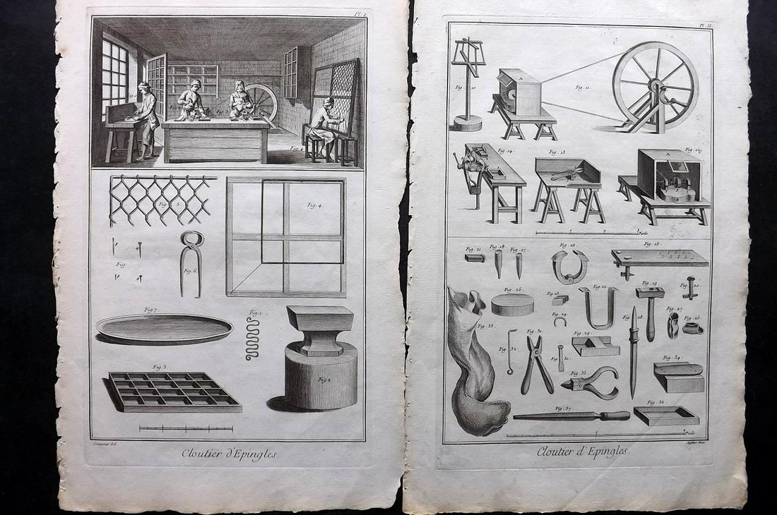 Diderot, Denis C1760 Pair of Prints. Cloutier - Pin Maker. 1st Edition: Folio Copper Plate Published 1751-72, Paris for "Encyclopédie, ou Dictionnaire Raisonné des Sciences, des Arts et des Métiers" First & Folio Edition by Denis Diderot & Jean le Rond d'Alembert. Pape