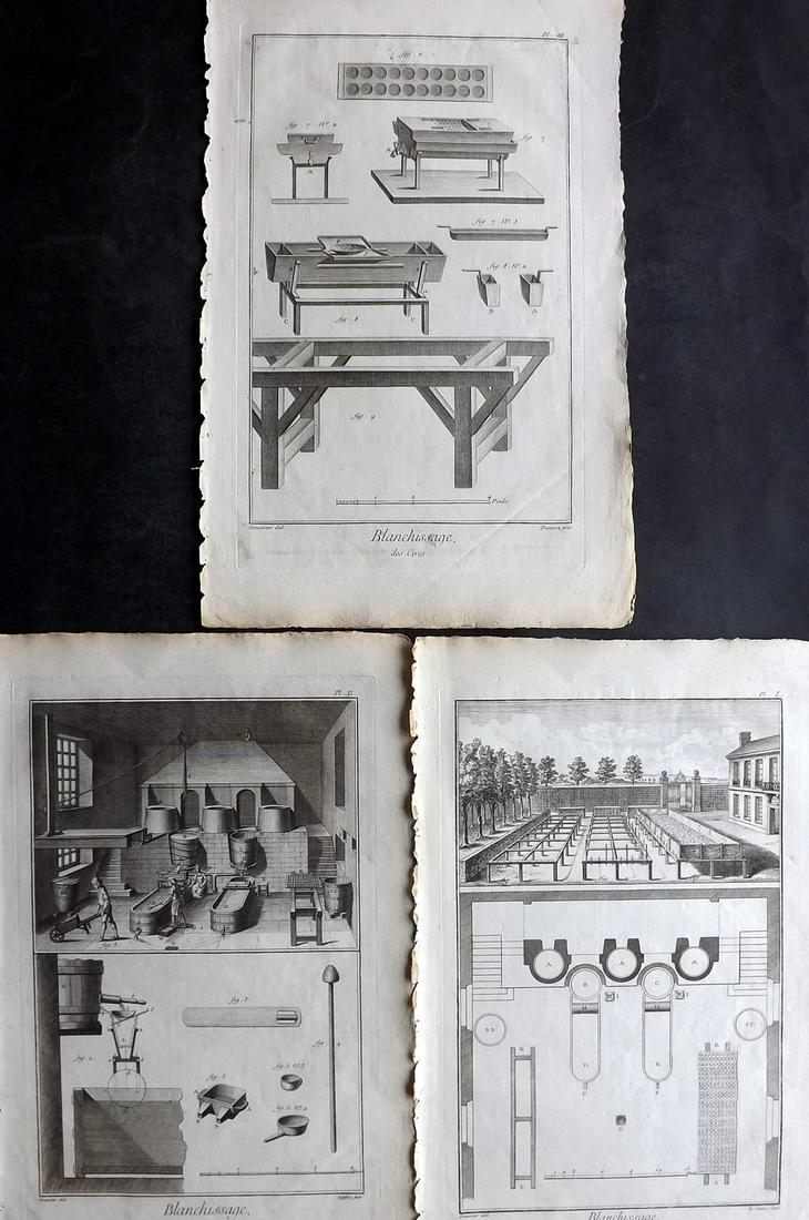 Diderot, Denis C1760 Set of 3 Prints. Blanchissage - Laundry. 1st Ed.: Folio Copper Plate Published 1751-72, Paris for "Encyclopédie, ou Dictionnaire Raisonné des Sciences, des Arts et des Métiers" First & Folio Edition by Denis Diderot & Jean le Rond d'Alembert. Pape