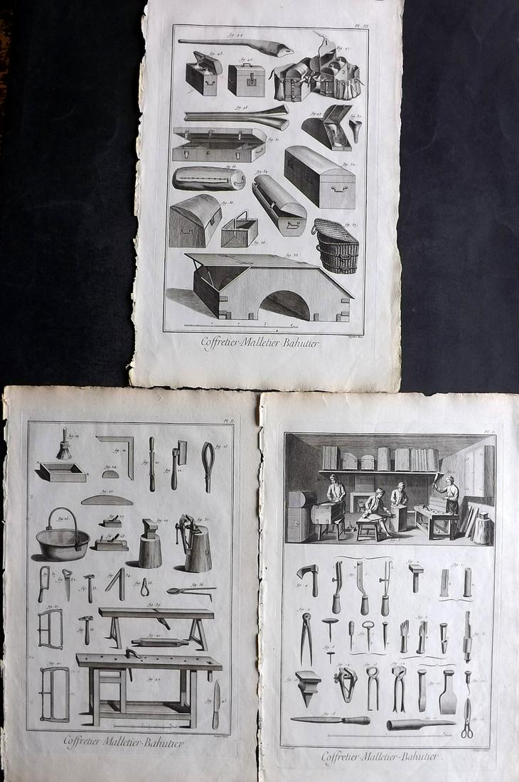 Diderot, Denis C1760 Set of 3 Prints. Coffretier - Box Making: Folio Copper Plate Published 1751-72, Paris for "Encyclopédie, ou Dictionnaire Raisonné des Sciences, des Arts et des Métiers" First & Folio Edition by Denis Diderot & Jean le Rond d'Alembert. Pape