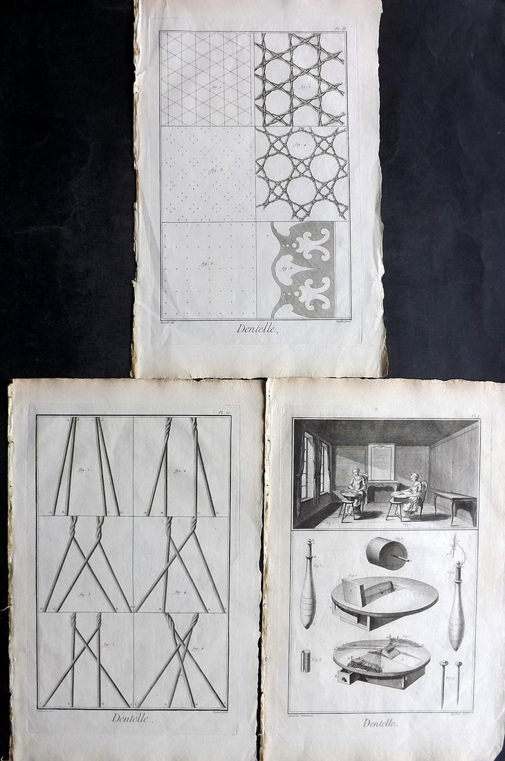 Diderot, Denis C1760 Set of 3 Prints. Dentelle - Lace Making. 1st Ed.: Folio Copper Plate Published 1751-72, Paris for "Encyclopédie, ou Dictionnaire Raisonné des Sciences, des Arts et des Métiers" First & Folio Edition by Denis Diderot & Jean le Rond d'Alembert. Pape