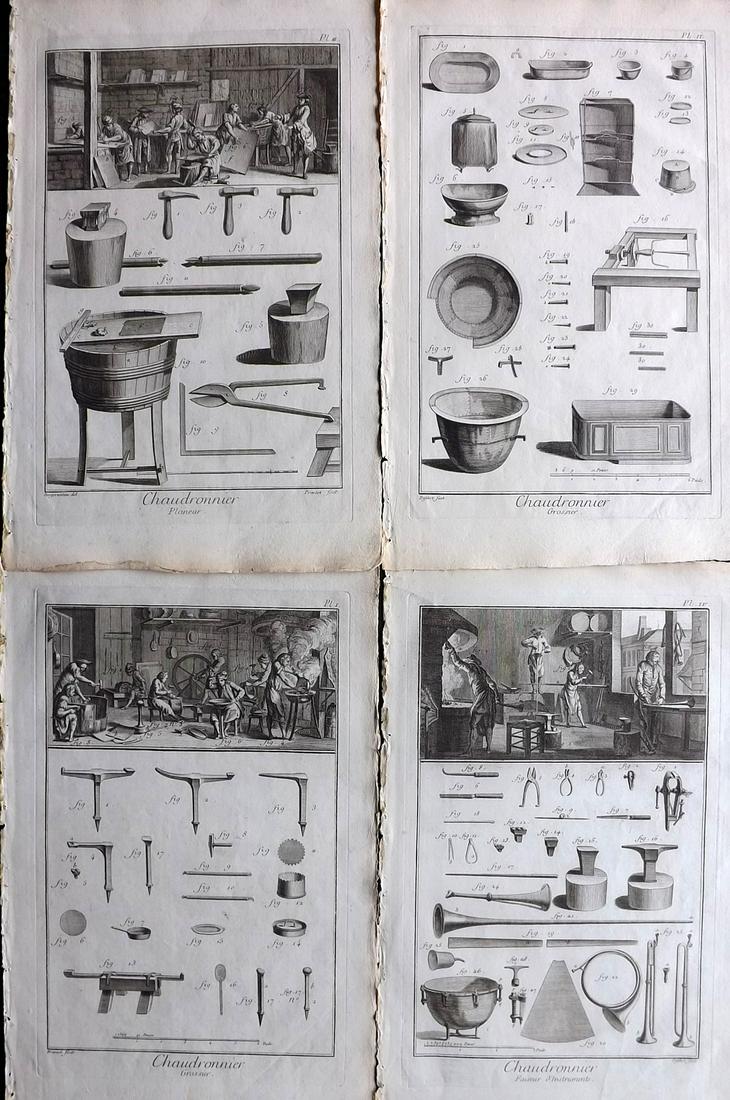 Diderot, Denis C1760 Set of 4 Prints. Chaudronnier - Pan Maker, Coppersmith: Folio Copper Plate Published 1751-72, Paris for "Encyclopédie, ou Dictionnaire Raisonné des Sciences, des Arts et des Métiers" First & Folio Edition by Denis Diderot & Jean le Rond d'Alembert. Pape