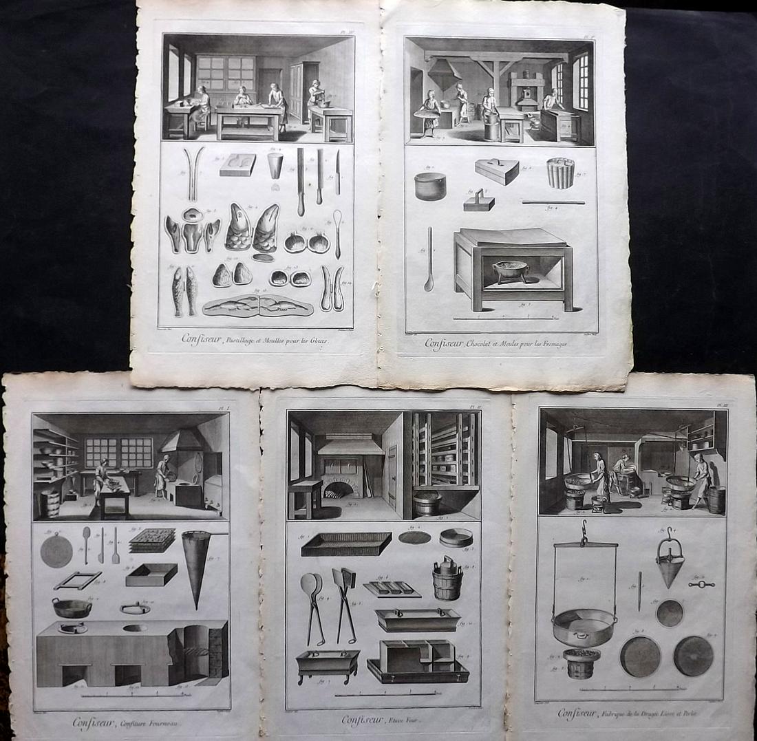 Diderot, Denis C1760 Set of 5 Prints. Confiseur - Confectioner: Folio Copper Plate Published 1751-72, Paris for "Encyclopédie, ou Dictionnaire Raisonné des Sciences, des Arts et des Métiers" First & Folio Edition by Denis Diderot & Jean le Rond d'Alembert. Pape