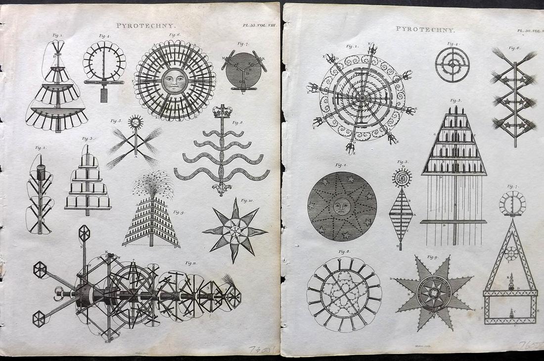Kearsley (Pub) 1802 Pair of Prints. Pyrotechny - Fireworks: Copper Plates Published 1802 by George Kearsley, London for "The English Encyclopaedia..." Paper Size: 10.5 x 8 inch (27 x 21cm) Minor water stain, bottom right, otherwise Good Condition