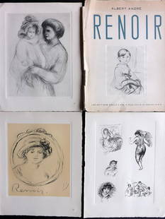 Renoir & Andre 1952 Lot of 3+ Prints. Impressionism: 3 Prints plus the Illustrated Title Cover. Soft Ground Etchings on Good Quality Hand Made Paper. Published 1952 by Braun & Cie, Paris for "Renoir Dessins" by Albert Andre. Paper Size: 12 x 9.5 inch (3