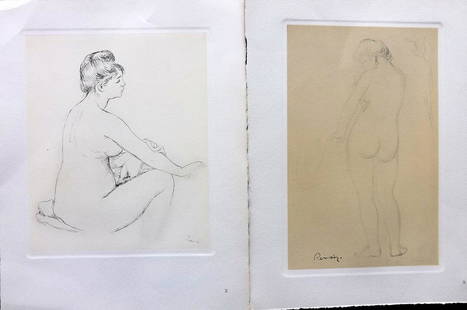 Renoir & Andre 1952 Pair of Prints. Nudes. Impressionism: Soft Ground Etchings on Good Quality Hand Made Paper. Published 1952 by Braun & Cie, Paris for "Renoir Dessins" by Albert Andre. Paper Size: 12 x 9.5 inch (30 x 24cm) Good Condition