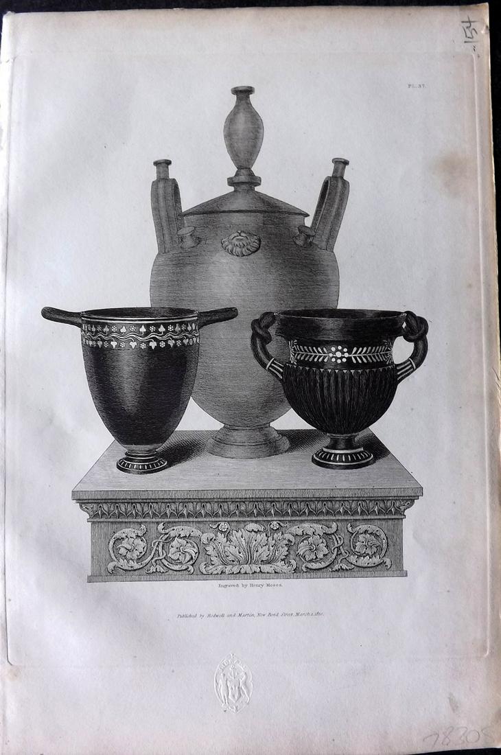 Moses & Englefield 1820 Antique Vase Print 37: Etching Published 1819-20, London for "Vases from The Collection of Sir. Henry Englefield Bart" Drawn and Engraved Henry Moses.Paper Size: 10.5 x 6.5 inch (27 x 16.5cm) Very discrete library blindstam