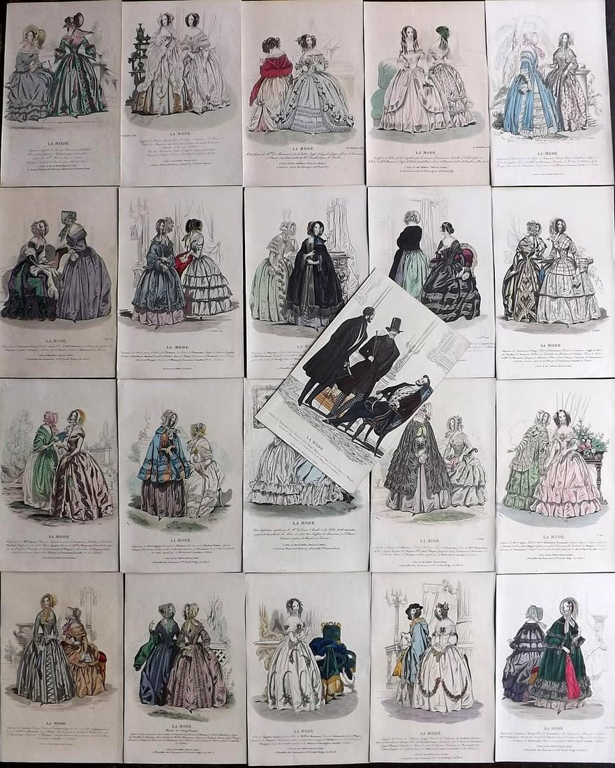 Fashion Plates C1840 Lot of 21 Hand Col Prints. Parisian: Hand Colored Steel Engraving/Etching 1829-55, Paris for "La Mode, revue des modes, galerie des moeurs, album des salons" Paper Size: 9.5 x 6 inch (24 x 15cm) Good Condition
