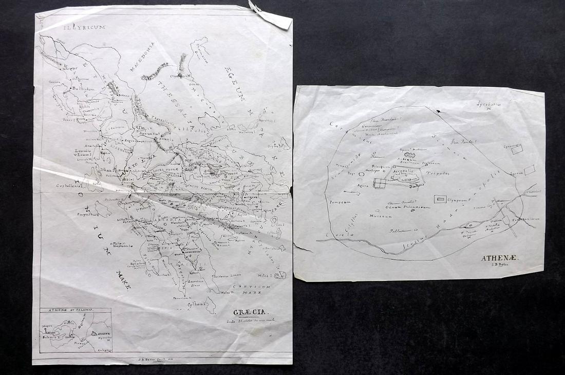 Greece 1858 Pair of Manuscript Maps by S. B. Bathe: Pair of Maps of Ancient Greece and Athens by S. B. Bathe. Pen and ink on paper. Fair standard only. Paper Size: Up to 12 x 9 inch (30 x 23cm) Some minor faults, otherwise fine