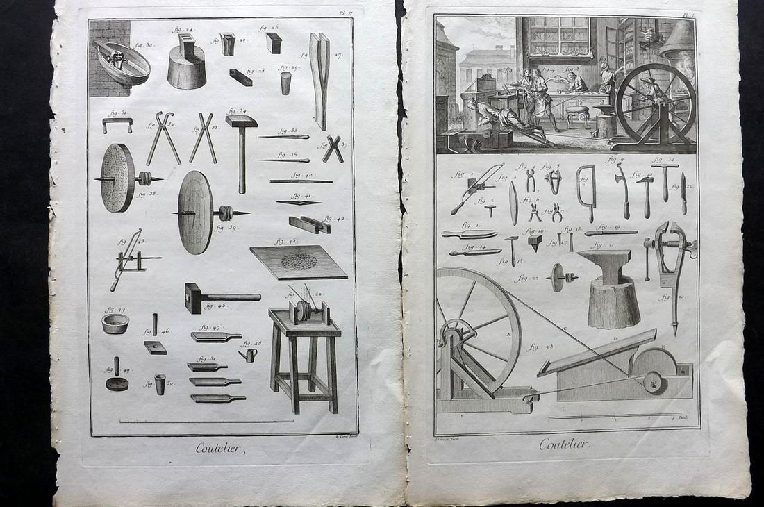 Diderot, Denis C1760 Pair of Prints. Coutelier - Cutler: Folio Copper Plate Published 1751-72, Paris for "Encyclopédie, ou Dictionnaire Raisonné des Sciences, des Arts et des Métiers" First & Folio Edition by Denis Diderot & Jean le Rond d'Alembert. Pape