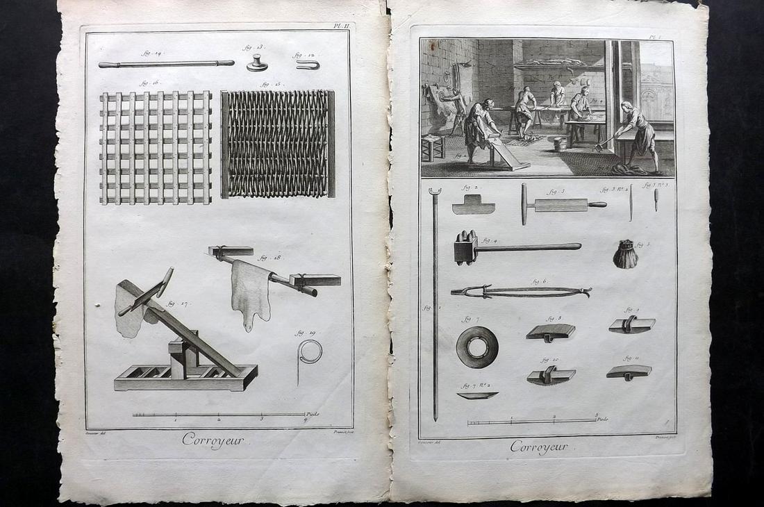 Diderot, Denis C1760 Set of 2 Prints. Corroyeur - Leather Dying. 1st Ed.: Folio Copper Plate Published 1751-72, Paris for "Encyclopédie, ou Dictionnaire Raisonné des Sciences, des Arts et des Métiers" First & Folio Edition by Denis Diderot & Jean le Rond d'Alembert. Pape