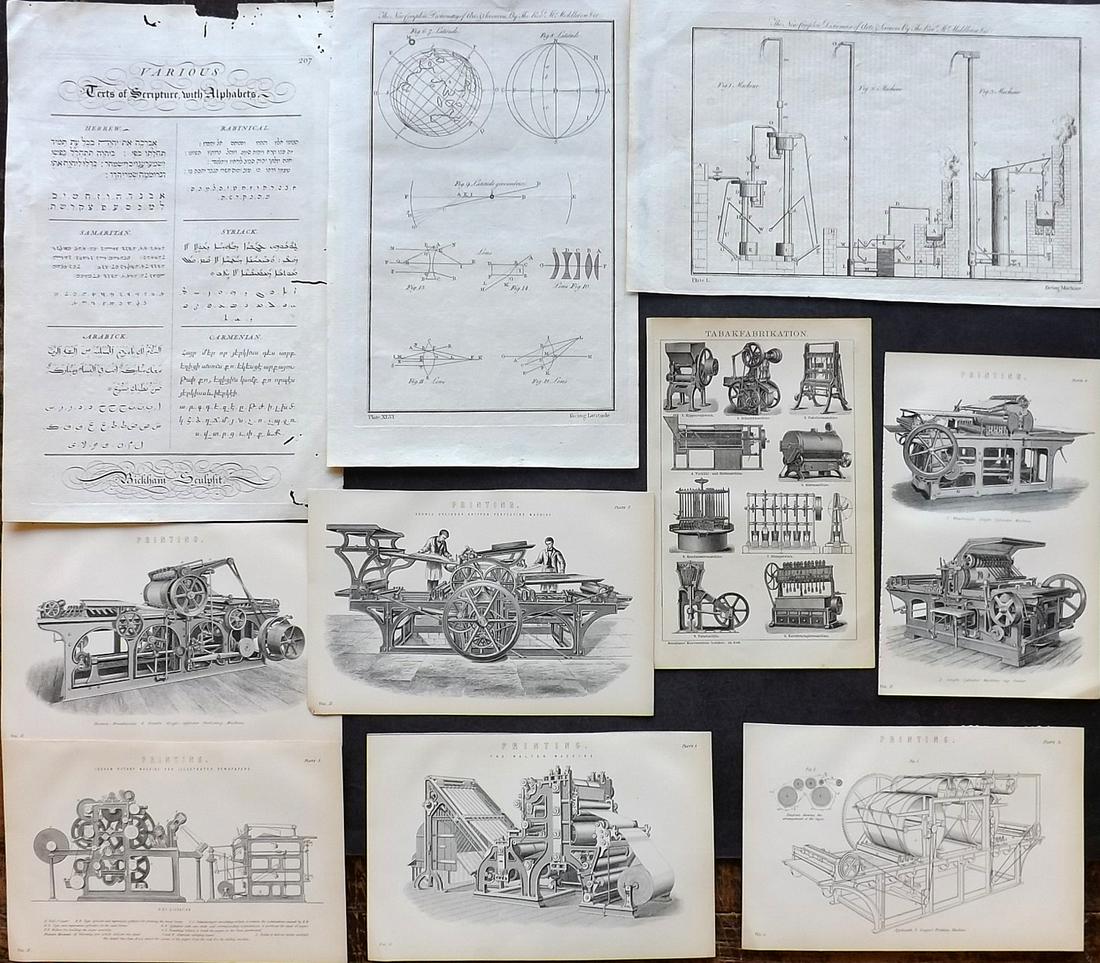 Science, Tech & Calligraphy 18th-19th Cent. Mixed Lot of 10 Prints (1 of 2)