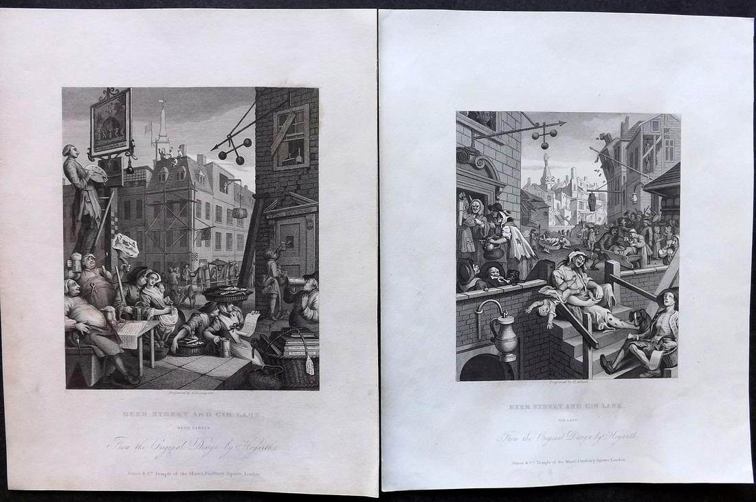 Hogarth, William 1833 Set of 2. Beer Street & Gin Lane: Steel Engravings Published 1833, London for "The Complete Works of William Hogarth" by The Rev. John Trusler. Paper Size: 10.5 x 8 inch (27 x 20cm) Good Condition overall
