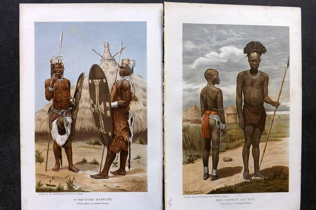 Ratzel, Friedrich 1898 Pair of Prints. Bari & Nyam-Nyam Warriors, Africa: Chromolithograph Published 1896-98, London for "The History of Mankind" by Professor Friedrich Ratzel. Translated by A. J. Butler. Reverse side blank. Paper Size: 9.5 x 6 inch (24 x 16cm) Very minor t