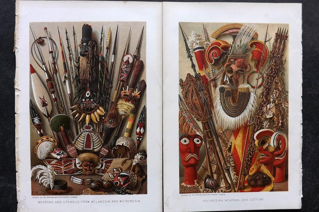 Ratzel, Friedrich 1898 Pair of Prints. Polynesia & Micronesia Weapons, Costume (1 of 2)