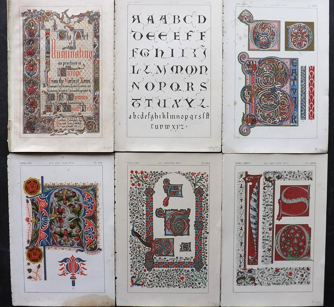 Tymms, William - Art of Illuminating 1860 Lot 6 Prints: Chromolithographs Published 1860, London for "The Art of Illuminating as Practised in Europe from the Earliest Times" by M. Digby Wyatt. Selected & Chromolithographed by William Robert Tymms. Paper Si