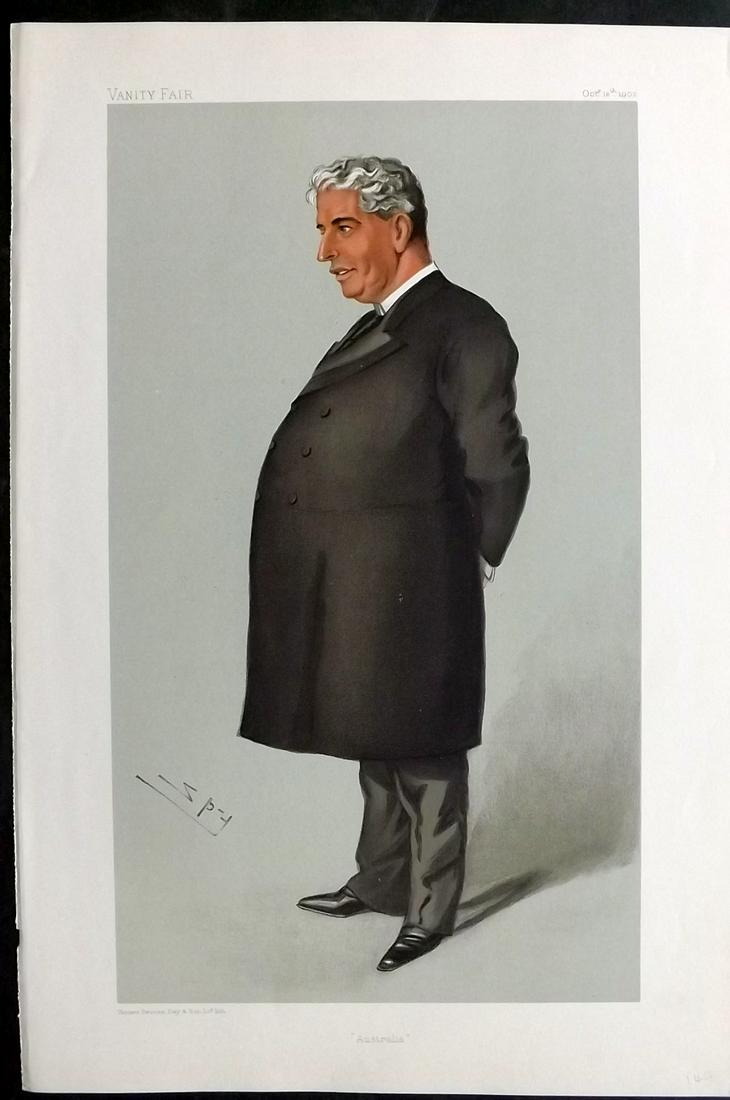 Vanity Fair Print 1902 Edmund Barton, Australia PM: Chromolithograph Published 1869-1914, London for "Vanity Fair" With accompanying biographical text. Paper Size: 15 x 10 inch (38 x 25cm) Approx. Good Condition