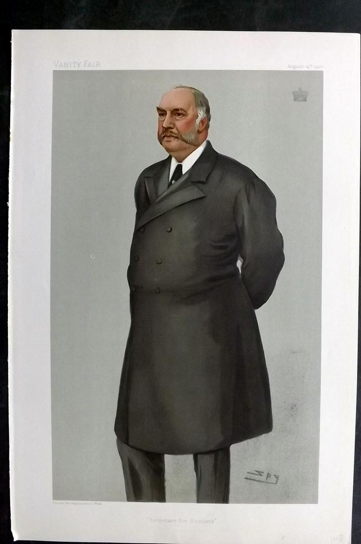 Vanity Fair Print 1902 Lord Balfour of Burleigh, Scotland: Chromolithograph Published 1869-1914, London for "Vanity Fair" With accompanying biographical text. Paper Size: 15 x 10 inch (38 x 25cm) Approx. Good Condition