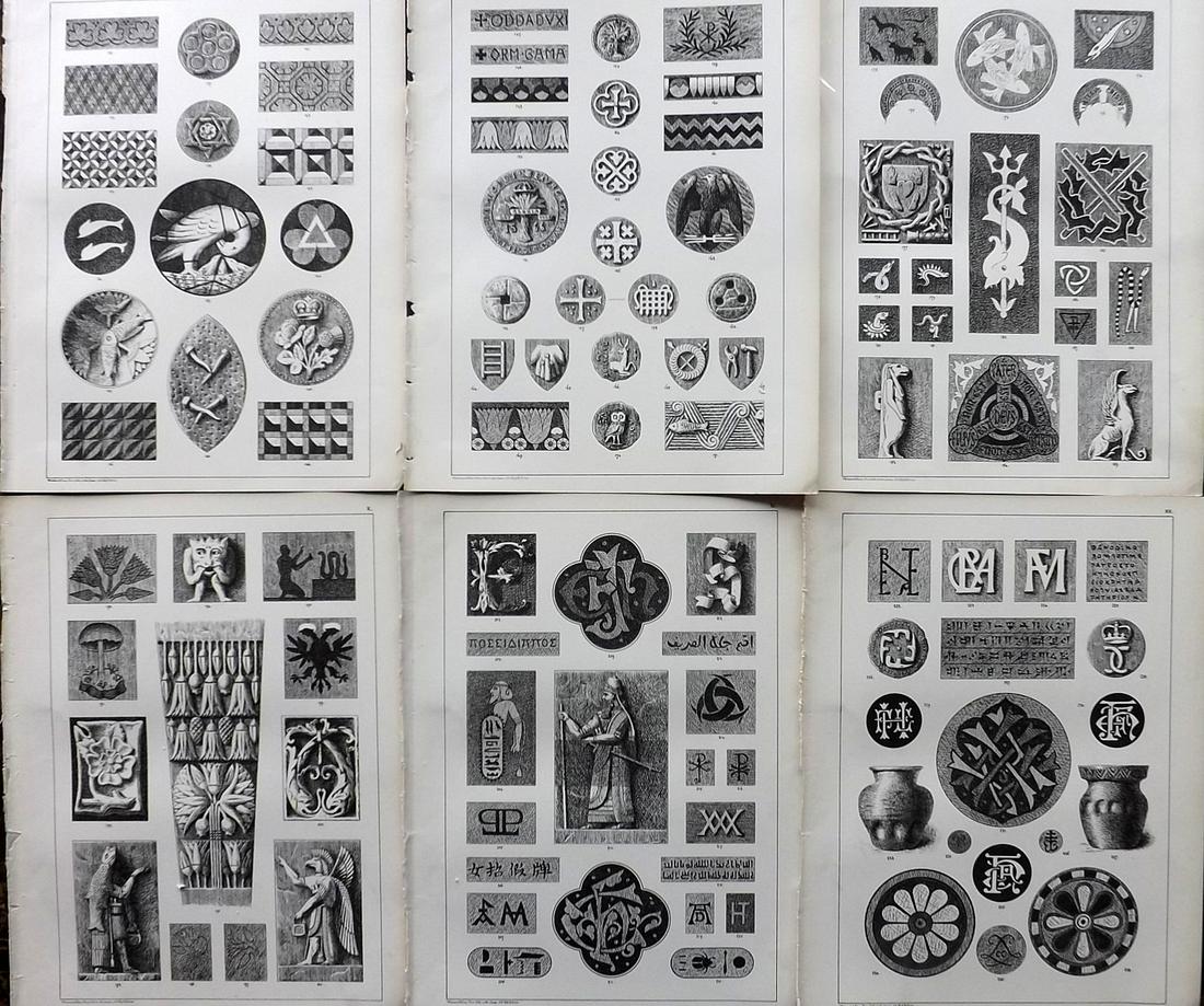 Hulme, Edward 1875 Lot of 6 Folio Ornamental Art Prints: Folio Lithographs Published 1875, London for "Principles of Ornamental Art" by Frederick Edward Hulme. Paper Size: 12 x 9.5 inch (31 x 24cm) Ink library stamp to the reverse, not affecting front side.