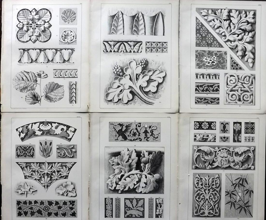 Hulme, Edward 1875 Lot of 6 Folio Ornamental Art Prints: Folio Lithographs Published 1875, London for "Principles of Ornamental Art" by Frederick Edward Hulme. Paper Size: 12 x 9.5 inch (31 x 24cm) Ink library stamp to the reverse, not affecting front side.