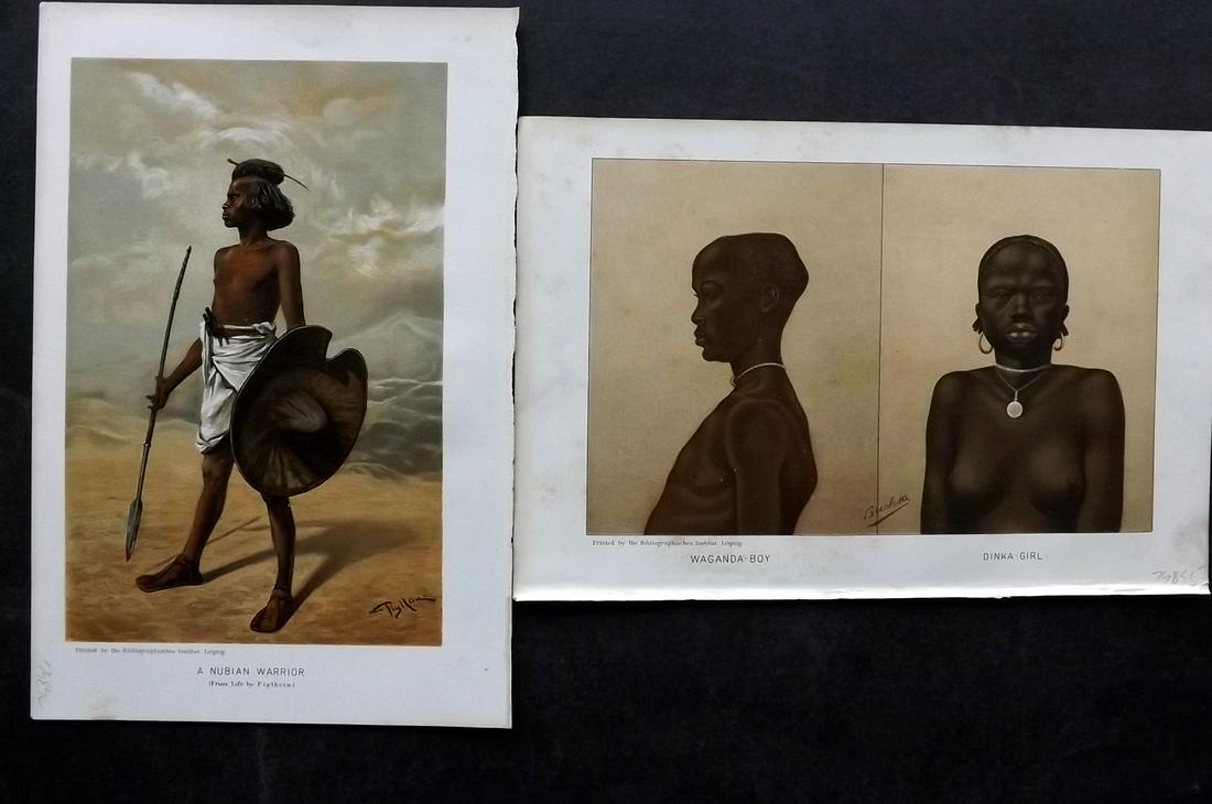 Ratzel, Friedrich 1898 Pair of Prints. Waganda-Boy, Nubian Warrior: Chromolithograph Published 1896-98, London for "The History of Mankind" by Professor Friedrich Ratzel. Translated by A. J. Butler. Reverse side blank. Paper Size: 9.5 x 6 inch (24 x 16cm) Very minor t