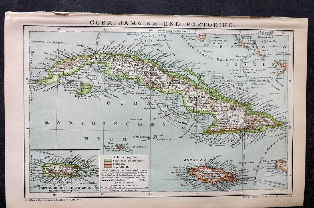 Brockhaus (Pub) 1897 Map of Cuba, Jamaica & Puerto Rico: Lithograph Map Published 1892-98 by F. A. Brockhaus, Leipzig for "Brockhaus' Konversations-Lexikon" by Various. Paper Size: 10 x 6 inch (25 x 16cm) Good Condition