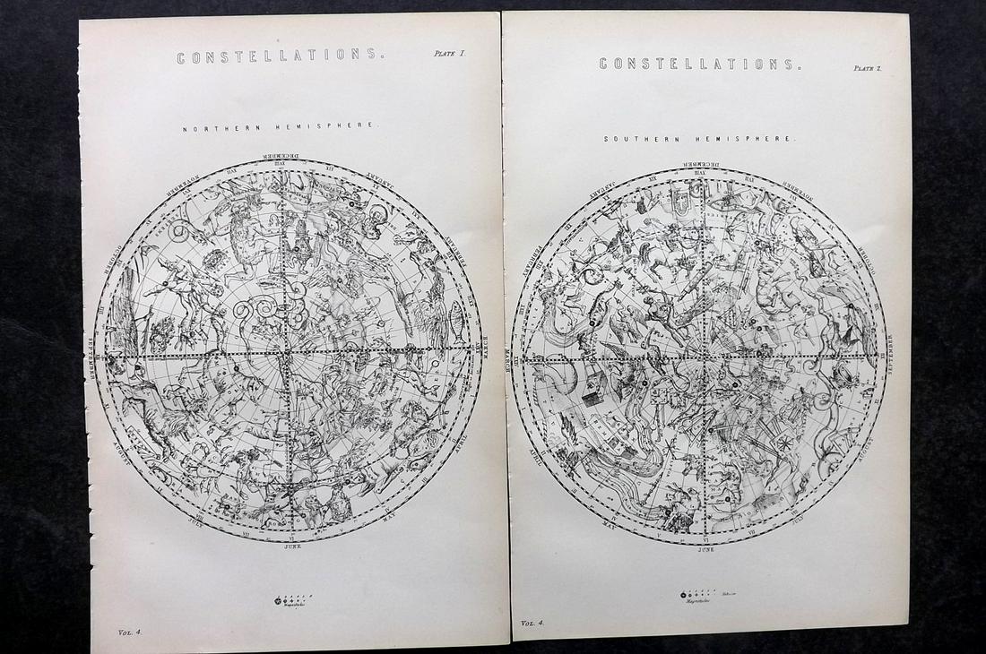 National Encyclopedia 1891 Pair of Celestial Maps. Constellations (1 of 2)