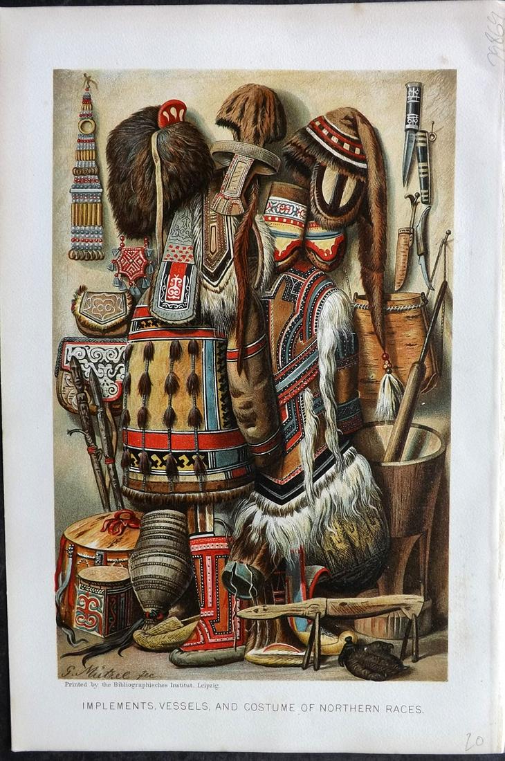 Ratzel, Friedrich 1898 Print. Implements & Costumes of North Races. USA Canada? (1 of 2)