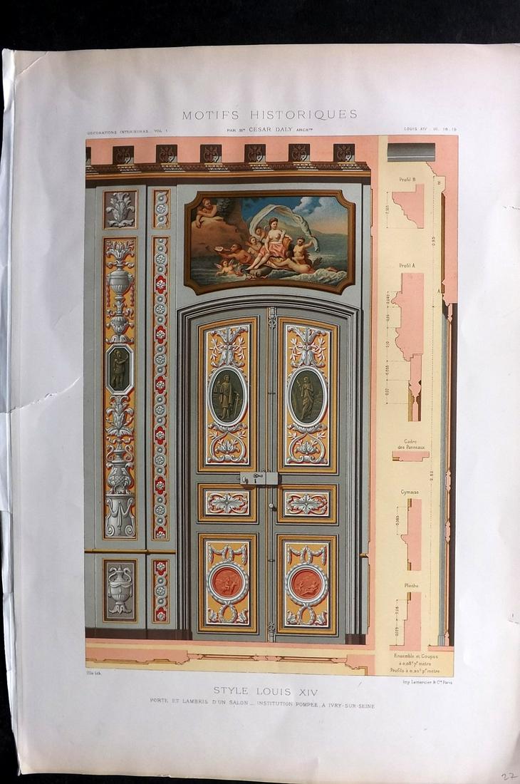 Daly, Cesar 1881 LG Architecture Print. Louis XIV interior 18, 19 (1 of 2)