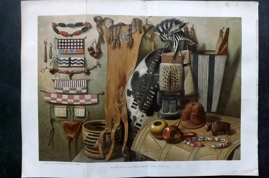 Ratzel, Friedrich 1898 Print. South African Ornaments & Utensils (1 of 2)
