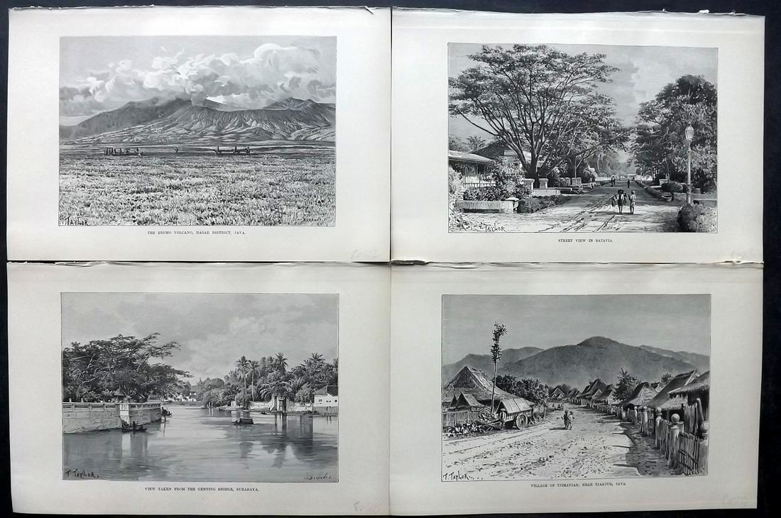 Reclus, Elisee C1880 Lot of 4 Prints. Indonesia: Wood Engraving (Reverse side blank) Published 1876-94, London for "The Universal Geography" by Elisee Reclus. Edited by A. H. Keane. Surrounding and verso text, but with no show through. Paper Size: 1