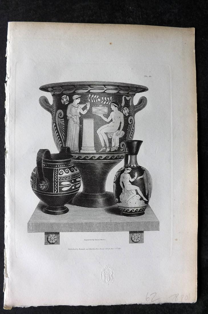 Moses & Englefield 1820 Antique Vase Print 33: Etching Published 1819-20, London for "Vases from The Collection of Sir. Henry Englefield Bart" Drawn and Engraved Henry Moses.Paper Size: 10.5 x 6.5 inch (27 x 16.5cm) Very discrete library blindstam