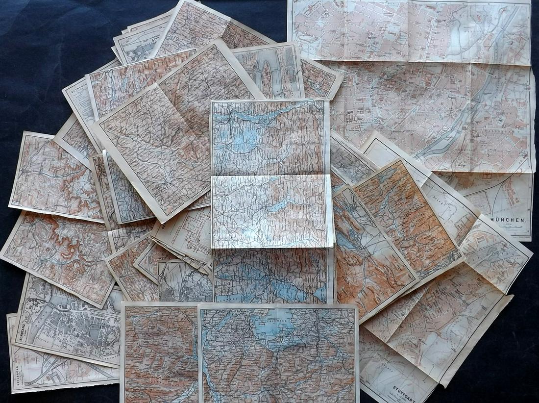 Baedeker, Karl 1902 Lot of 35 Maps of Southern Germany: Lithograph Maps Published 1902, Leipzig for "Southern Germany. Handbook for Travellers" by Karl Baedeker. Folds as issued. Paper Size: Up to 13 x 13 inch (33 x 33cm) Good Condition