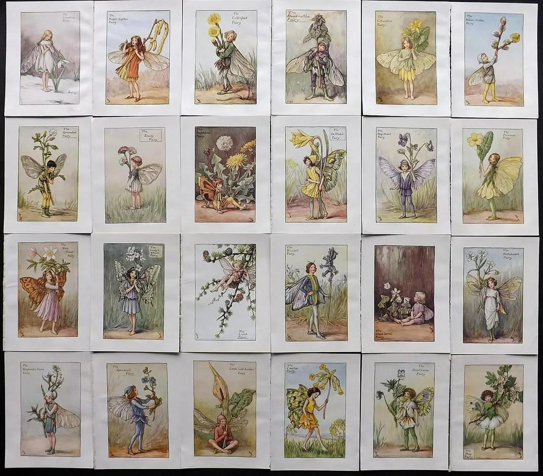 Barker, Cicely Mary C1940 Lot of 24 Flower-Fairy Prints: Spring Fairies. Lithographs Published C1935-45 by Blackie & Son, London & Glasgow for the "Flower-Fairies" Series by Cicely Mary Barker. Reverse side blank. Paper Size: 5.5 x 4 inch (14 x 10cm) Good C