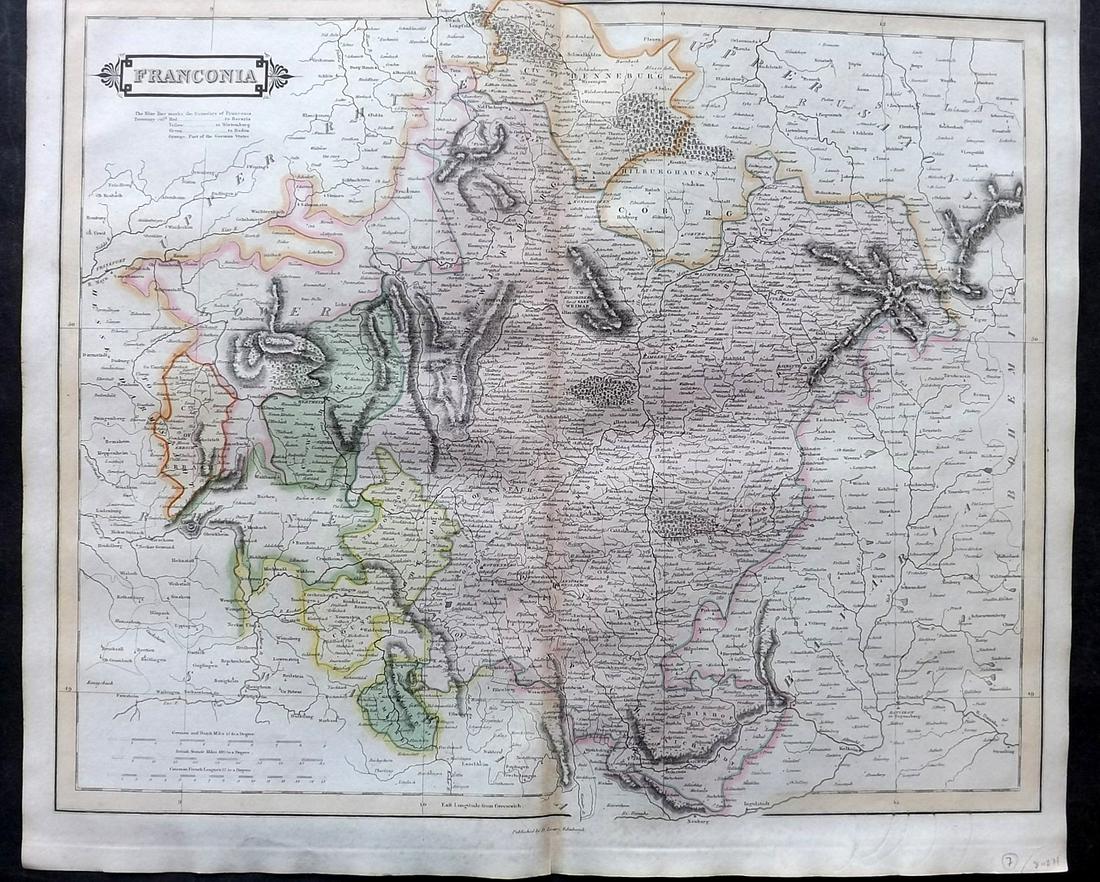 Lizars, Daniel 1831 LG Rare HC Map. Franconia, Germany: Large Folio Copper Engraved Map Published 1831-2 by John Hamilton, Successor to Daniel Lizars, Edinburgh for "The Edinburgh Geographical and Historical Atlas..." First Edition by Daniel Lizars. Very f