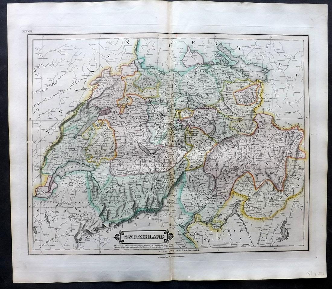 Lizars, Daniel 1831 LG Rare HC Map. Switzerland (1 of 2)