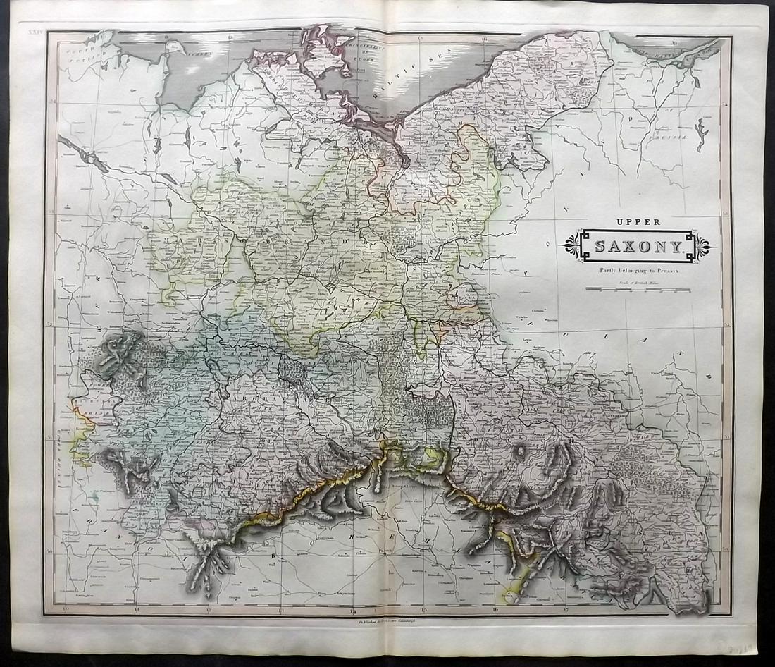 Lizars, Daniel 1831 LG Rare HC Map. Upper Saxony, Germany: Large Folio Copper Engraved Map Published 1831-2 by John Hamilton, Successor to Daniel Lizars, Edinburgh for "The Edinburgh Geographical and Historical Atlas..." First Edition by Daniel Lizars. Very f